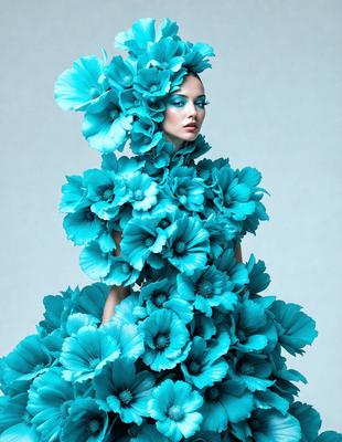The primary subject of the image is a woman dressed in a blue flowery dress. She is wearing a blue flower crown and has blue flowers on her dress. The setting is a studio, and the visual style is a photo. The colors and mood of the image are predominantly blue, creating a calm and serene atmosphere.
